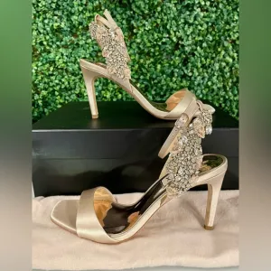 Badgley Mischka - Tisha | Leather Embellished Pumps W/Beige Ankle Strap - Sz 6
