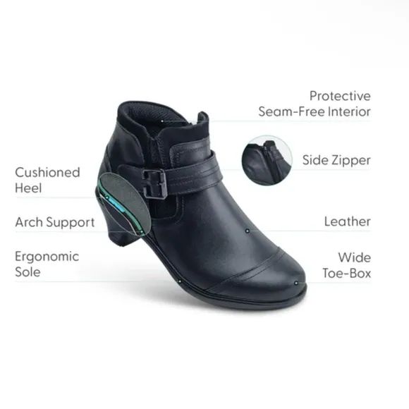 Bioheels OrthoFeet Emma Ankle Boot Side Zip Bootie-Black-Leather-Women Size 8.5