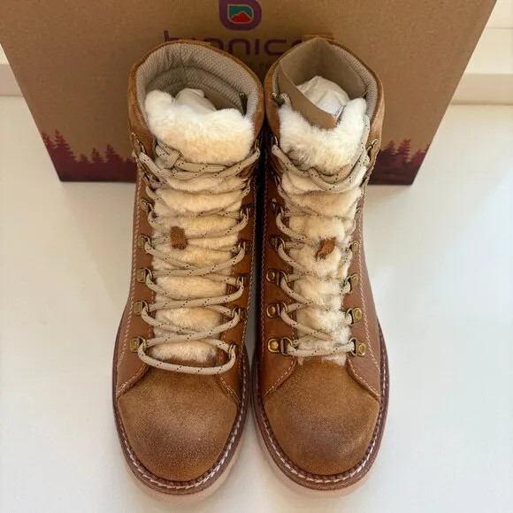 Bionica Darya Boots Leather Shearling Lace Up Combat Booties Brown Size 8.5 NEW
