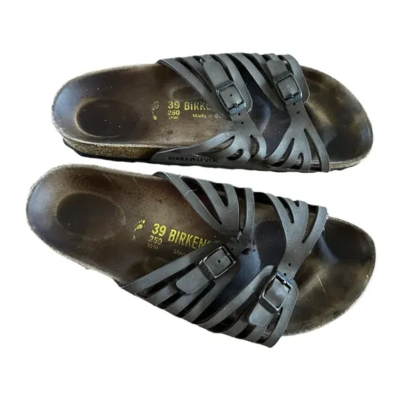 Birkenstock Leather 39 Granada Double Slides Sandal Black Slip On Summer Shoes