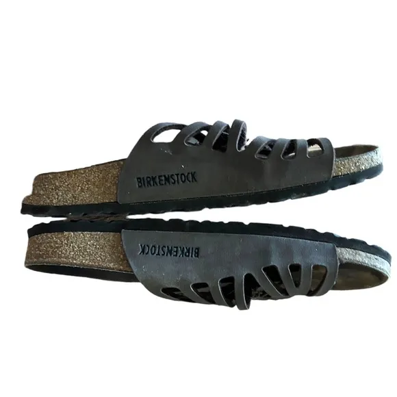 Birkenstock Leather 39 Granada Double Slides Sandal Black Slip On Summer Shoes