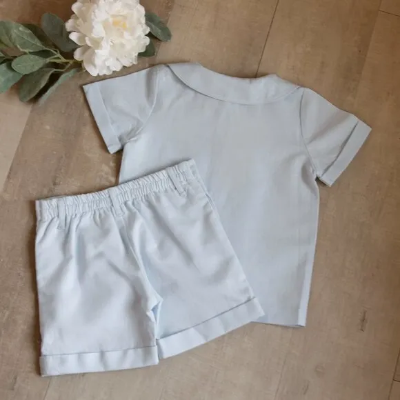 Blue Linen Dressy Short Set Boutique Portrait Ring Bearer Special Occasion NWT