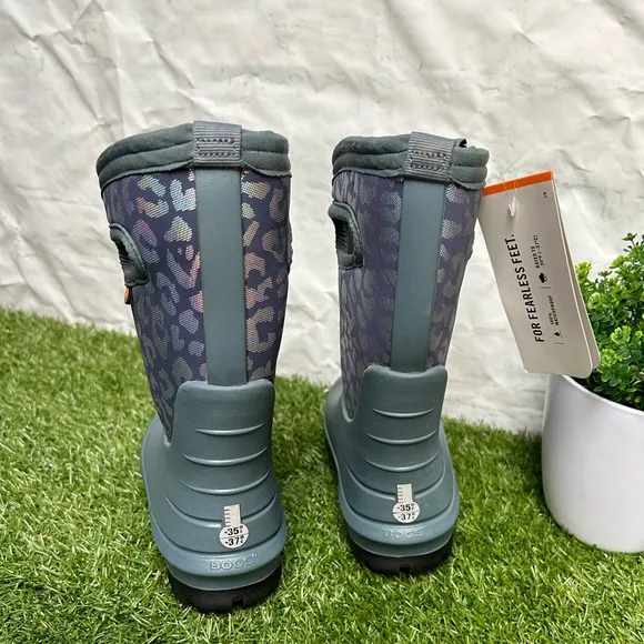 Bogs Kids' Neo-Classic Metallic Leopard Waterproof Winter Boots Sz 1 Misty Grey