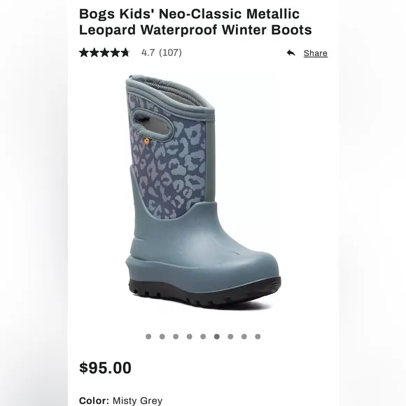 Bogs Kids' Neo-Classic Metallic Leopard Waterproof Winter Boots Sz 1 Misty Grey
