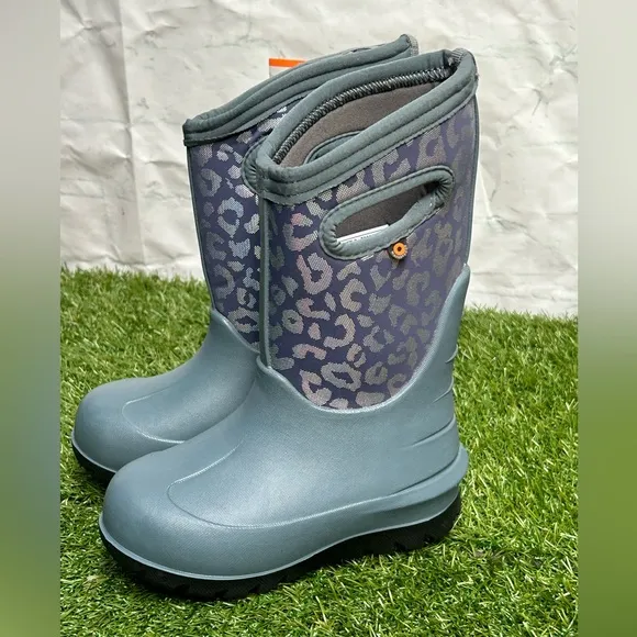 Bogs Kids' Neo-Classic Metallic Leopard Waterproof Winter Boots Sz 1 Misty Grey