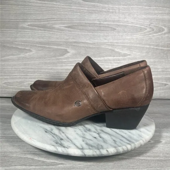 Born Kinney Boots Womens 10 Brown Leather Slip On Shoes Square Toe Ankle Booties