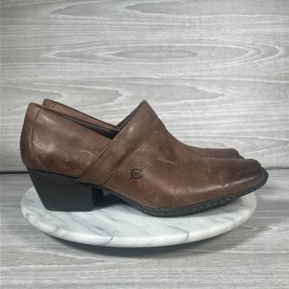 Born Kinney Boots Womens 10 Brown Leather Slip On Shoes Square Toe Ankle Booties
