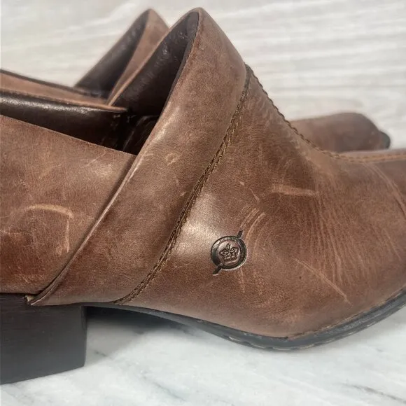Born Kinney Boots Womens 10 Brown Leather Slip On Shoes Square Toe Ankle Booties