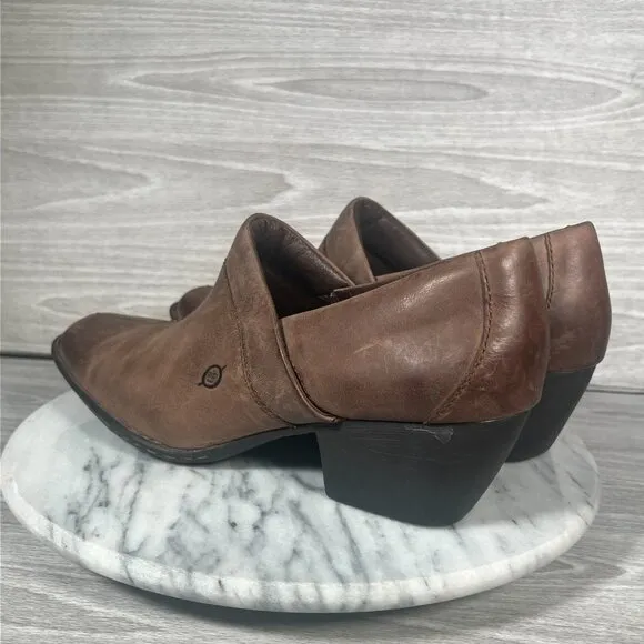 Born Kinney Boots Womens 10 Brown Leather Slip On Shoes Square Toe Ankle Booties