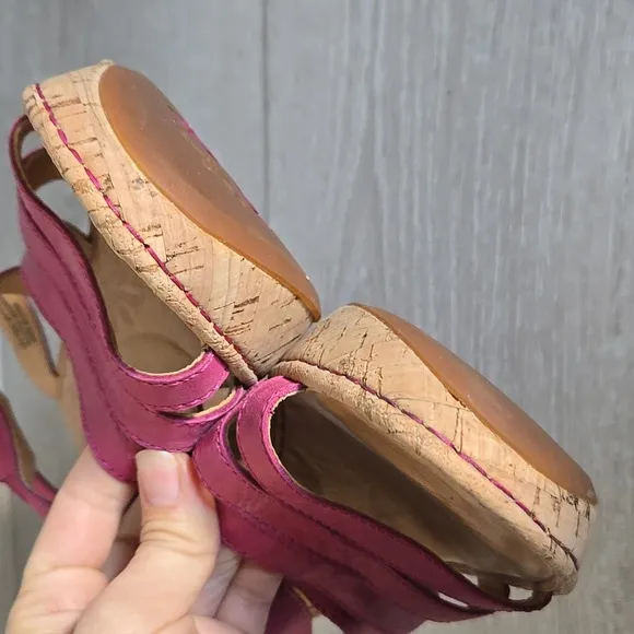 Born Women Pink Leather Strap Cork Wedge Sandals Shoes Sz 9