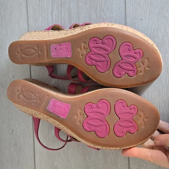 Born Women Pink Leather Strap Cork Wedge Sandals Shoes Sz 9