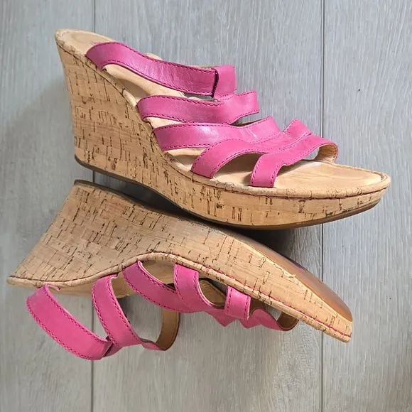 Born Women Pink Leather Strap Cork Wedge Sandals Shoes Sz 9