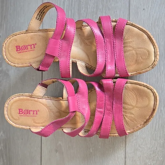 Born Women Pink Leather Strap Cork Wedge Sandals Shoes Sz 9
