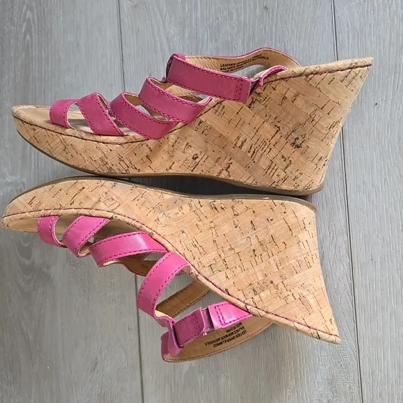 Born Women Pink Leather Strap Cork Wedge Sandals Shoes Sz 9