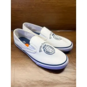 Brooks Brothers Sperry White &amp; Navy Crest Canvas Slip On Sneakers, Sz 11.5 Men’s