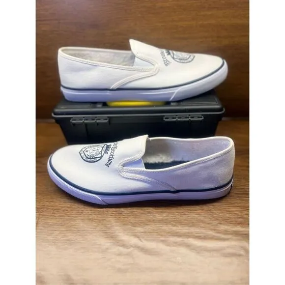 Brooks Brothers Sperry White &amp; Navy Crest Canvas Slip On Sneakers, Sz 11.5 Men’s