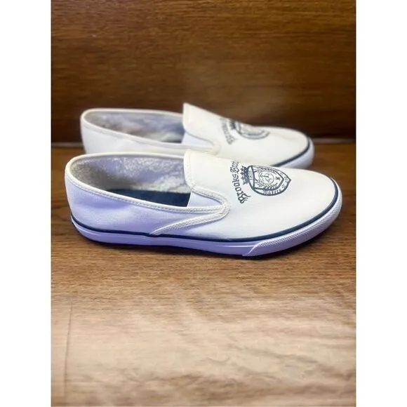 Brooks Brothers Sperry White &amp; Navy Crest Canvas Slip On Sneakers, Sz 11.5 Men’s