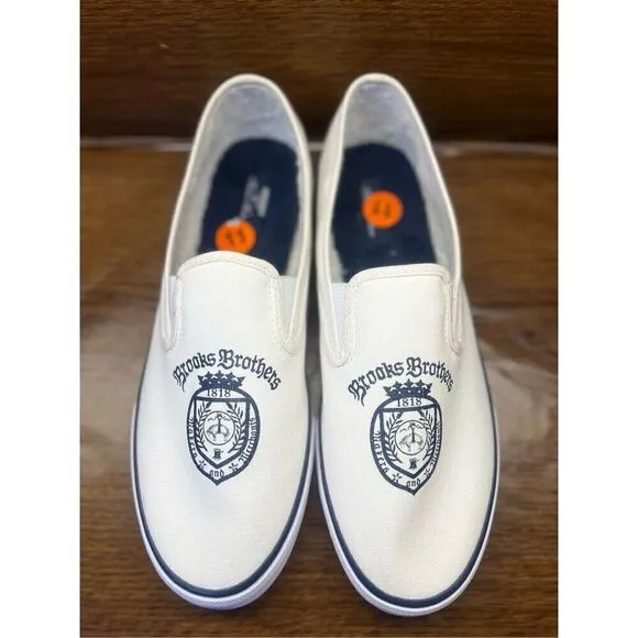 Brooks Brothers Sperry White &amp; Navy Crest Canvas Slip On Sneakers, Sz 11.5 Men’s