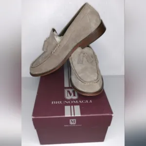 BRUNO MAGLI TAUPE SUEDE TASSEL LOAFERS