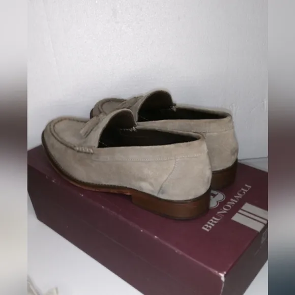BRUNO MAGLI TAUPE SUEDE TASSEL LOAFERS