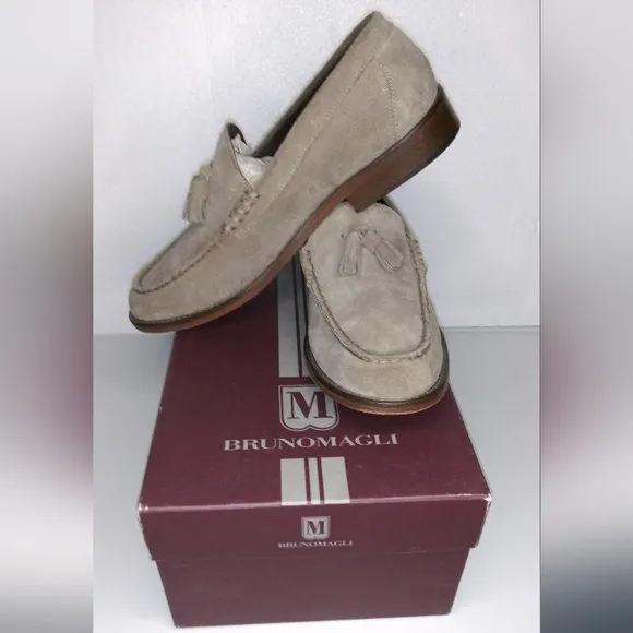 BRUNO MAGLI TAUPE SUEDE TASSEL LOAFERS