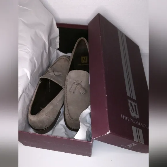 BRUNO MAGLI TAUPE SUEDE TASSEL LOAFERS
