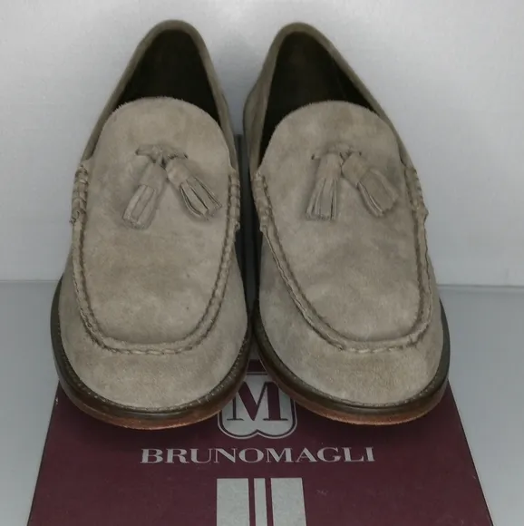 BRUNO MAGLI TAUPE SUEDE TASSEL LOAFERS