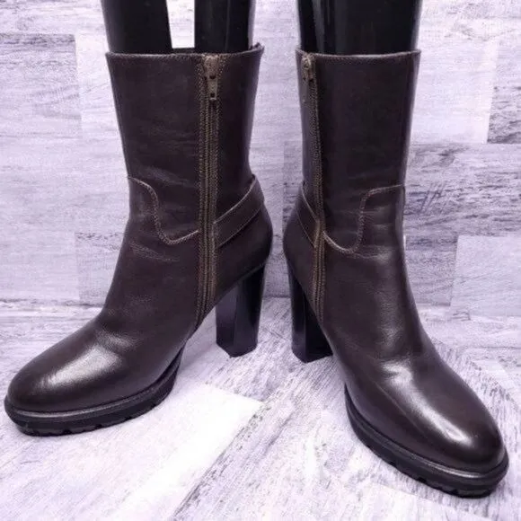 Bruno Premi Mid Calf Leather Buckle Strap Heeled Boot Brown sz 38 Women's sz 7.5