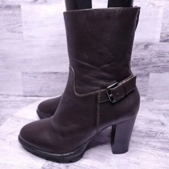 Bruno Premi Mid Calf Leather Buckle Strap Heeled Boot Brown sz 38 Women's sz 7.5