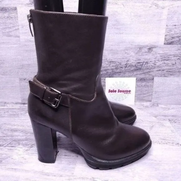 Bruno Premi Mid Calf Leather Buckle Strap Heeled Boot Brown sz 38 Women's sz 7.5