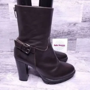 Bruno Premi Mid Calf Leather Buckle Strap Heeled Boot Brown sz 38 Women's sz 7.5