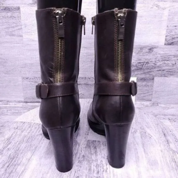 Bruno Premi Mid Calf Leather Buckle Strap Heeled Boot Brown sz 38 Women's sz 7.5