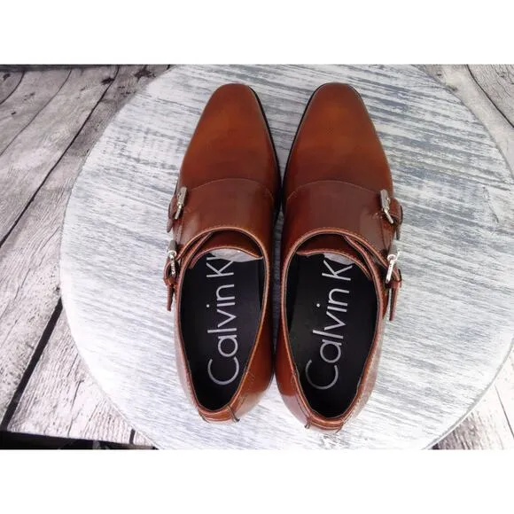 Calvin Klein Robbie Monk Strap Brown Oxford Leather Men 8.5 Shoes Brand New