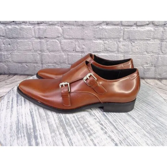 Calvin Klein Robbie Monk Strap Brown Oxford Leather Men 8.5 Shoes Brand New