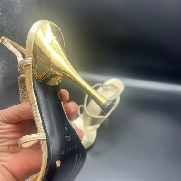 Casadei Metallic Gold Leather Ankle Strap Women’s Size 6 Made In Italy Gold Heel