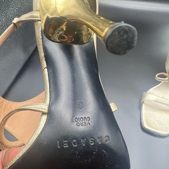 Casadei Metallic Gold Leather Ankle Strap Women’s Size 6 Made In Italy Gold Heel
