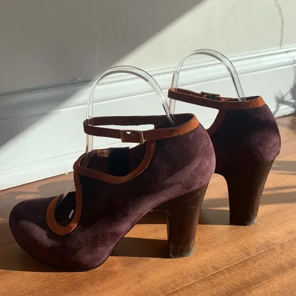 Chie Mihara Shoes Suede Mary Jane Heel Strap Pump Purple Orange 37 1/2 Whimsical