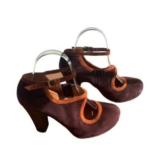 Chie Mihara Shoes Suede Mary Jane Heel Strap Pump Purple Orange 37 1/2 Whimsical
