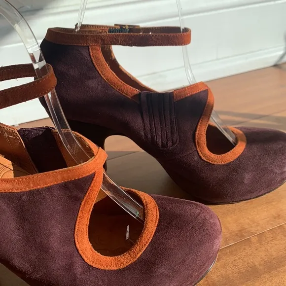 Chie Mihara Shoes Suede Mary Jane Heel Strap Pump Purple Orange 37 1/2 Whimsical