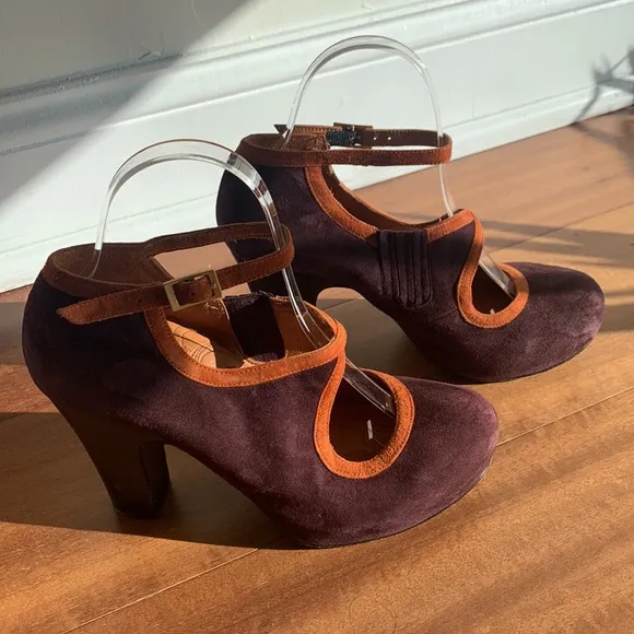 Chie Mihara Shoes Suede Mary Jane Heel Strap Pump Purple Orange 37 1/2 Whimsical