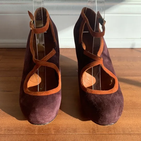 Chie Mihara Shoes Suede Mary Jane Heel Strap Pump Purple Orange 37 1/2 Whimsical