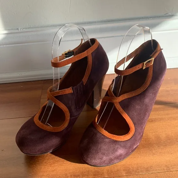 Chie Mihara Shoes Suede Mary Jane Heel Strap Pump Purple Orange 37 1/2 Whimsical