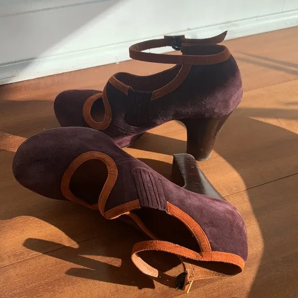Chie Mihara Shoes Suede Mary Jane Heel Strap Pump Purple Orange 37 1/2 Whimsical
