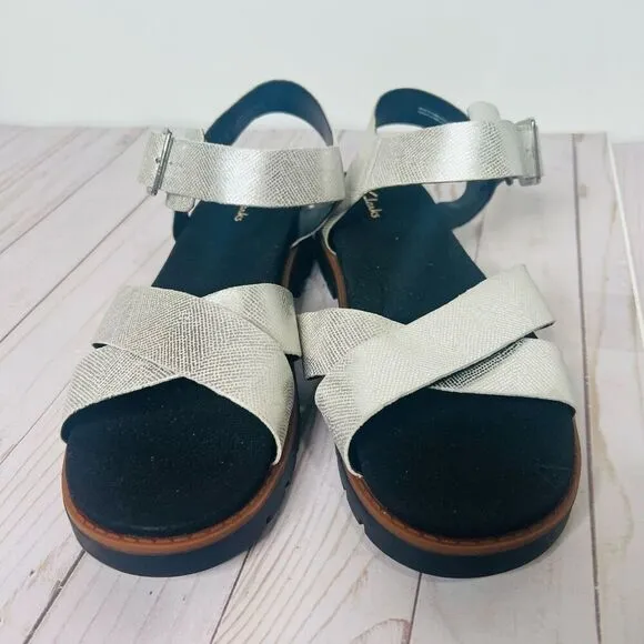 Clarks Orinoco Strap Womens Sandals Silver Metallic Leather Lug Sole Shoes