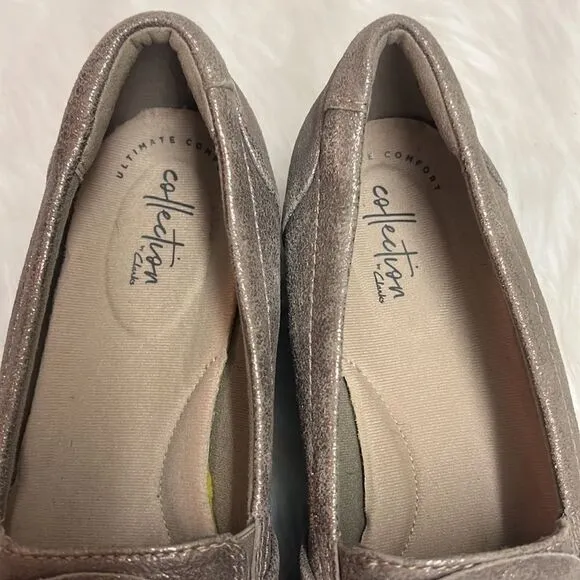 Clarks Sharon Dasher Pewter Suede Loafers Knotted Size 10 Bin15