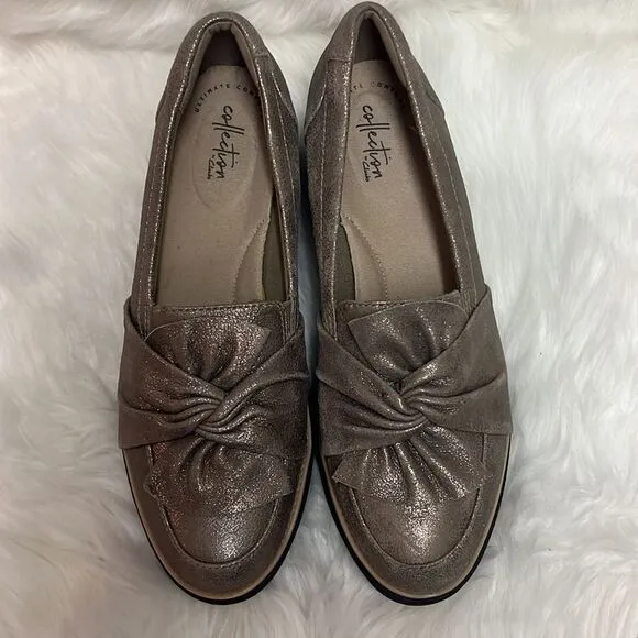 Clarks Sharon Dasher Pewter Suede Loafers Knotted Size 10 Bin15