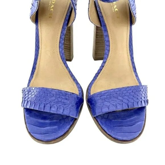 Coach Lexey Sandals Cobalt Blue Snake Embossed Leather Block Heel SZ 7