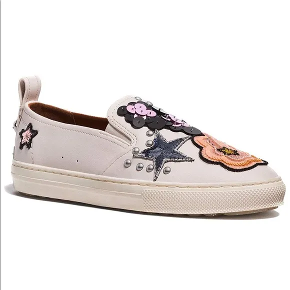 Coach Slip On Sneakers Sequin Embroidery Leather Shoes Unique Nude