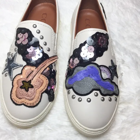 Coach Slip On Sneakers Sequin Embroidery Leather Shoes Unique Nude