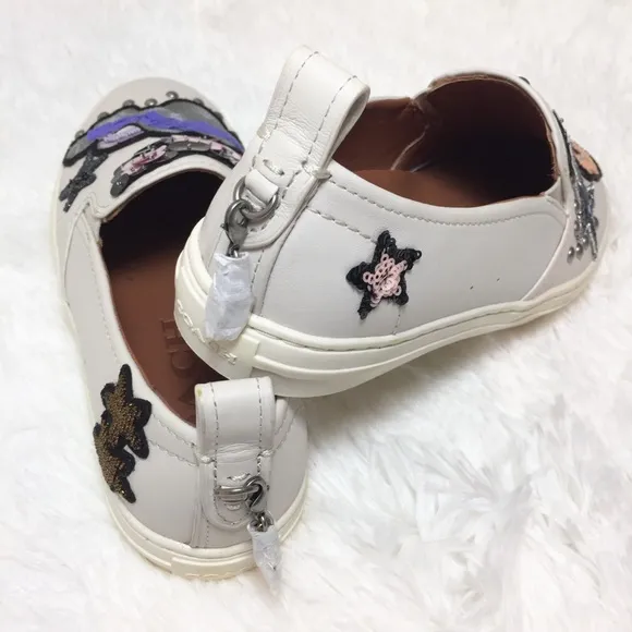 Coach Slip On Sneakers Sequin Embroidery Leather Shoes Unique Nude